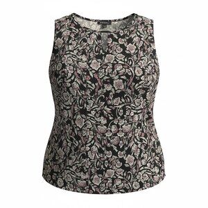 Roz & Ali 2X Black Floral Sleeveless Blouse Split Neck Plus Size Career Top